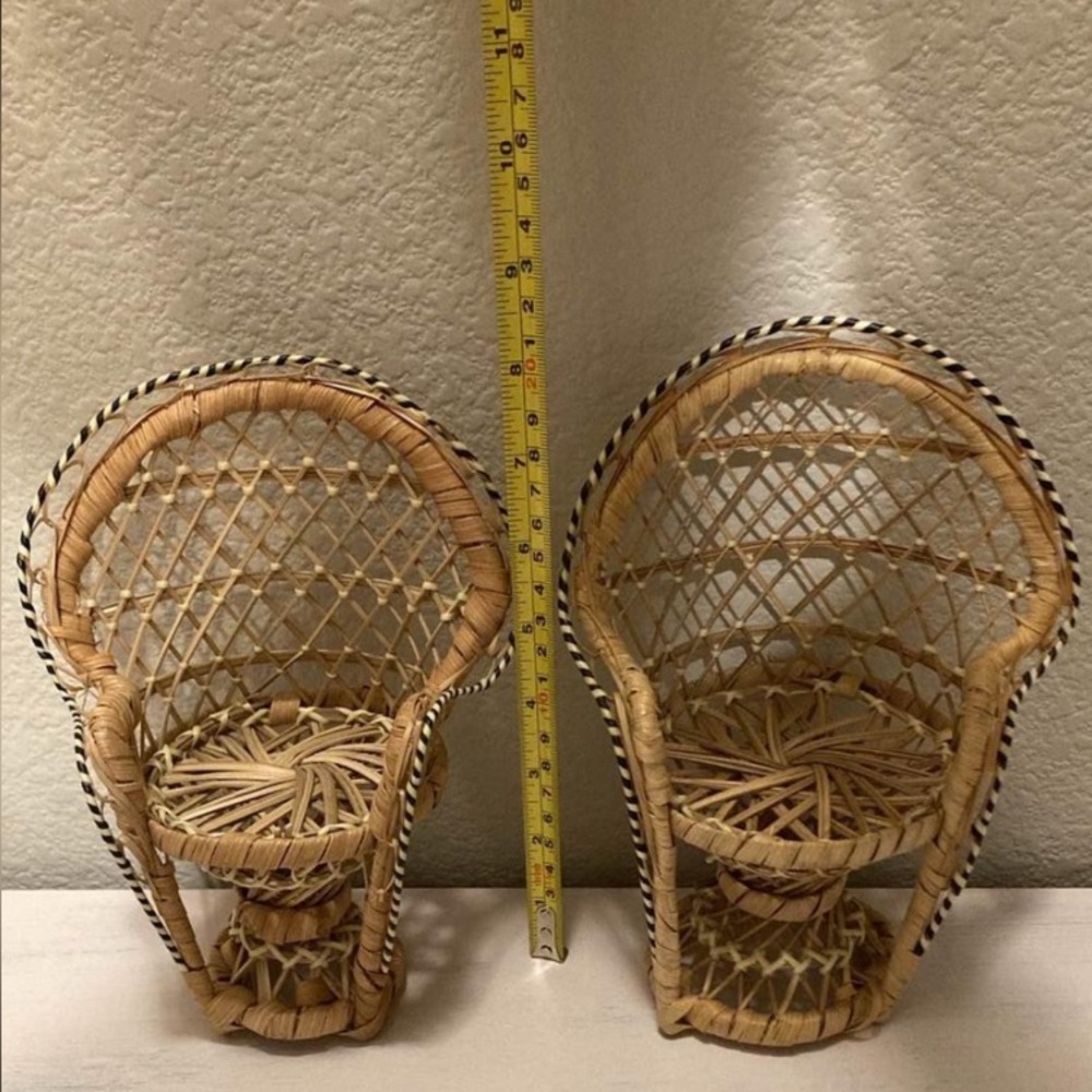 Mini Vintage Boho Wicker Rattan Natural Peacock Fan Doll Plant Chairs Set - Picture 5 of 7